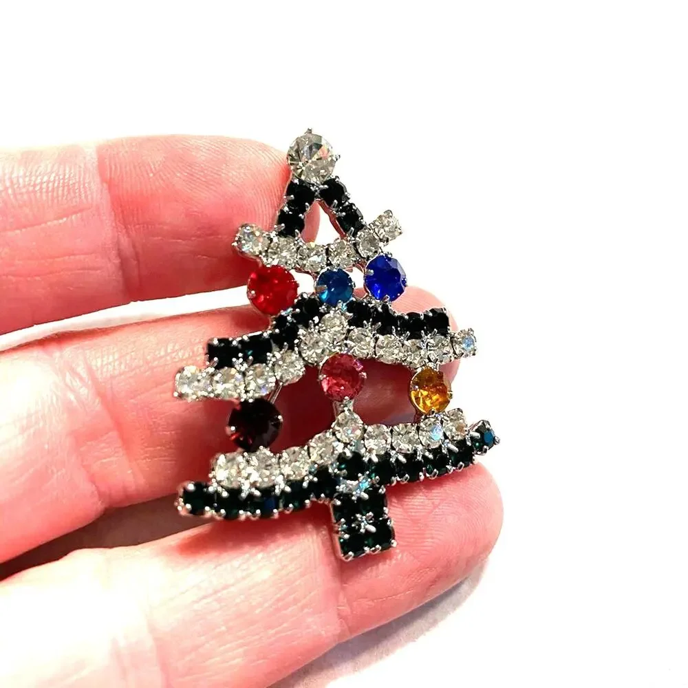 Vintage Christmas Tree Brooch Colorful Rhinestones Festive Holiday Silver Pin